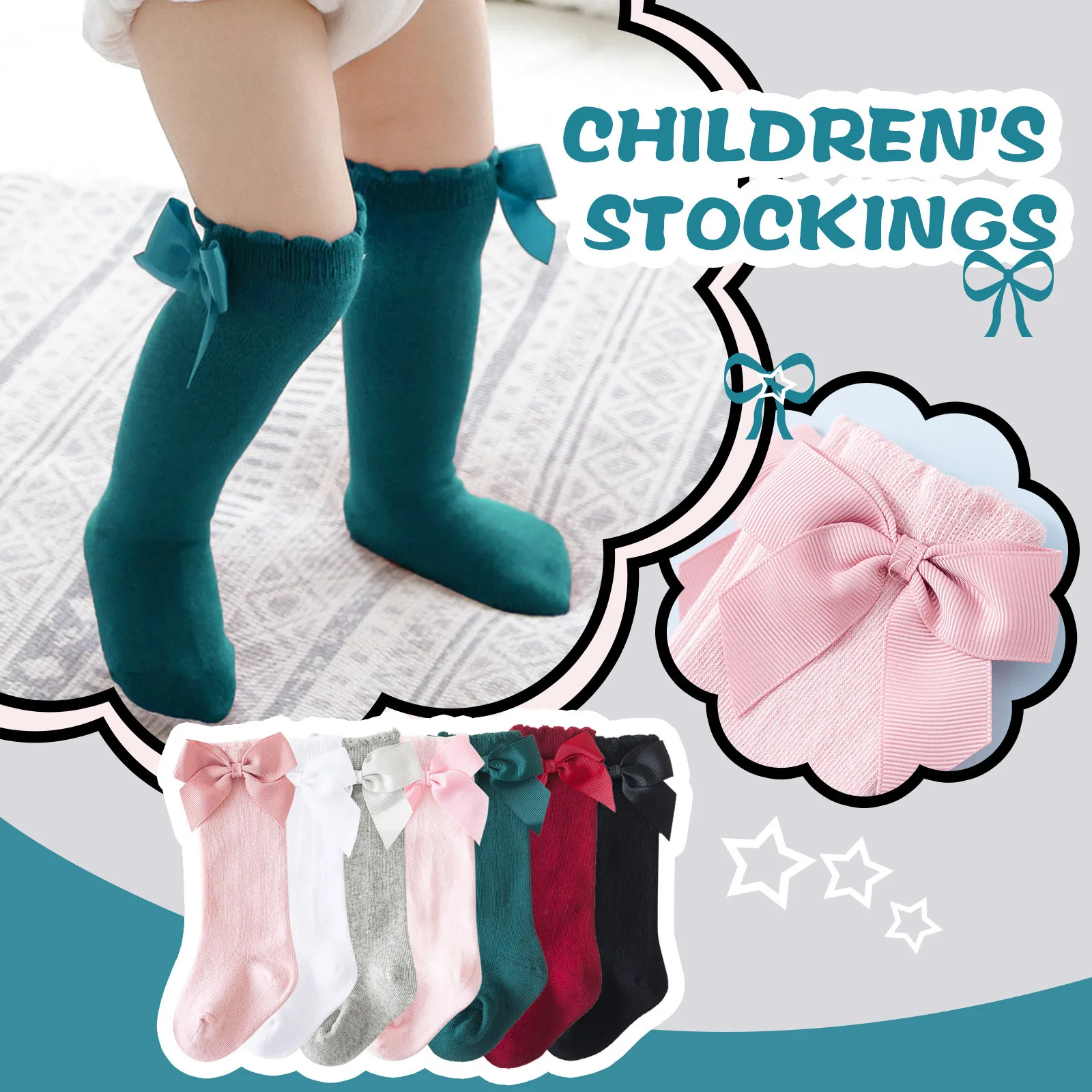 Kids Girls Socks for 0-7 Years Solid Knee-High Socks Stockings Winter Spring Bowknot Keep Warm Cotton Girl Princess Sock