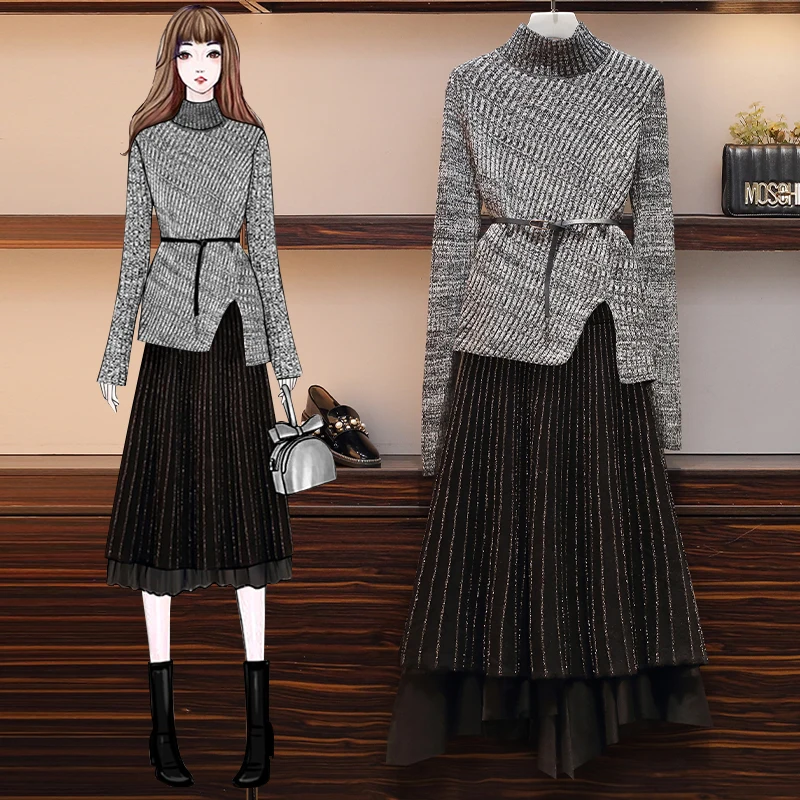 Plus Size Two Piece Set Women Winter Warm Knit Suit Grey Sweater Tops And Mesh Patchwork Midi Skirt Matching Outfit Female Cloth