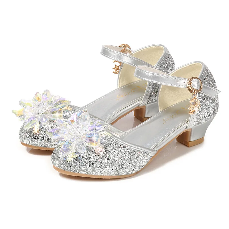 New Princess Kids Leather Shoes Crystal Flower Casual Glitter Children High Heel Girls Banquet Party Shoe Student Buckle Sandals