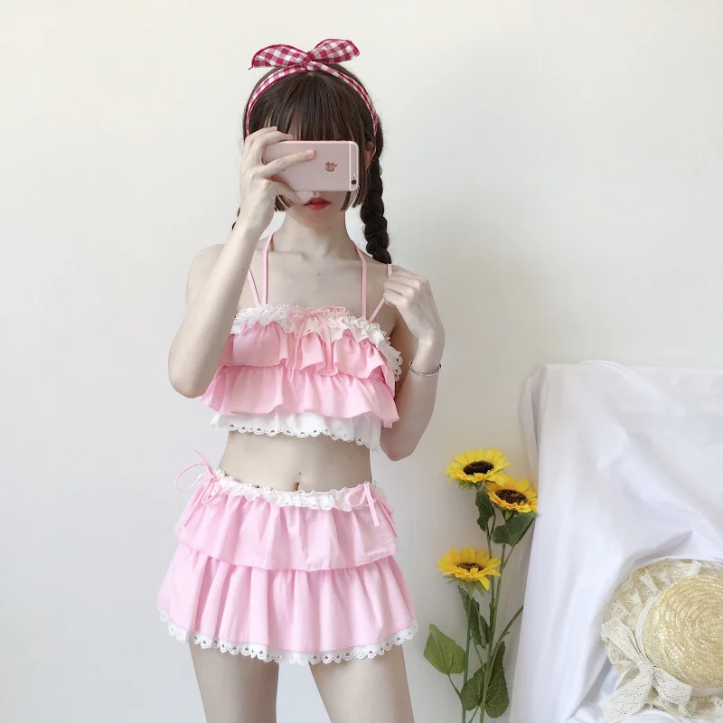 Bikini Kerut Lolita Perempuan Lucu Cosplay Sukuwaku Baju Renang Warna Merah Muda dan Hitam Kelim Berlapis Berongga Pakaian Renang Wanita Biquini