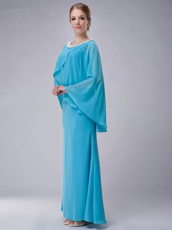 Blue Mother Of The Bride Dresses Sheath Chiffon Beaded With Jacket Long Elegant Groom Mother Dresses Wedding