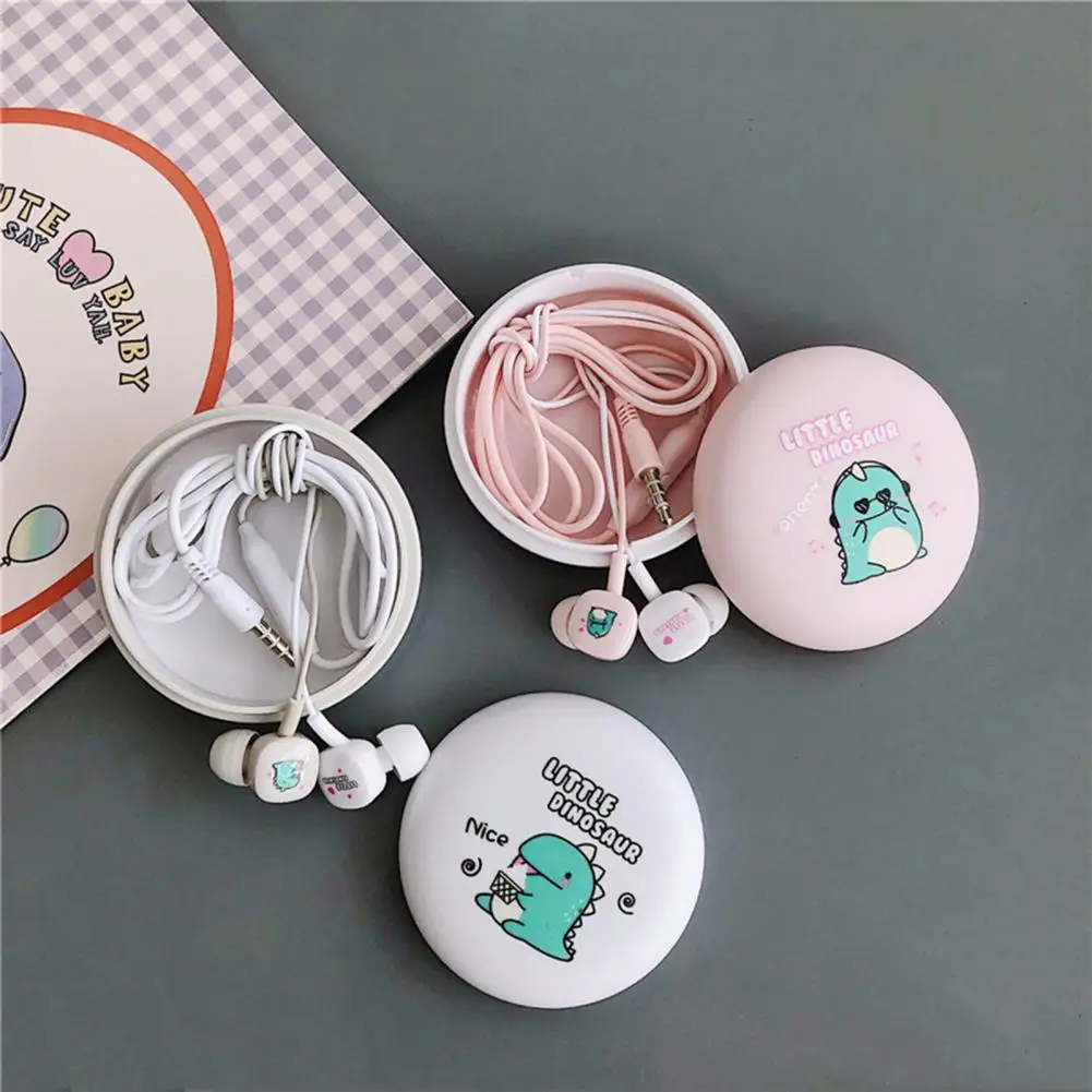 Universal Cute Cartoon dinosaur Headphone Stereo Wired Earphones With Storage Box Daughter Children Adult Earbuds For Gift