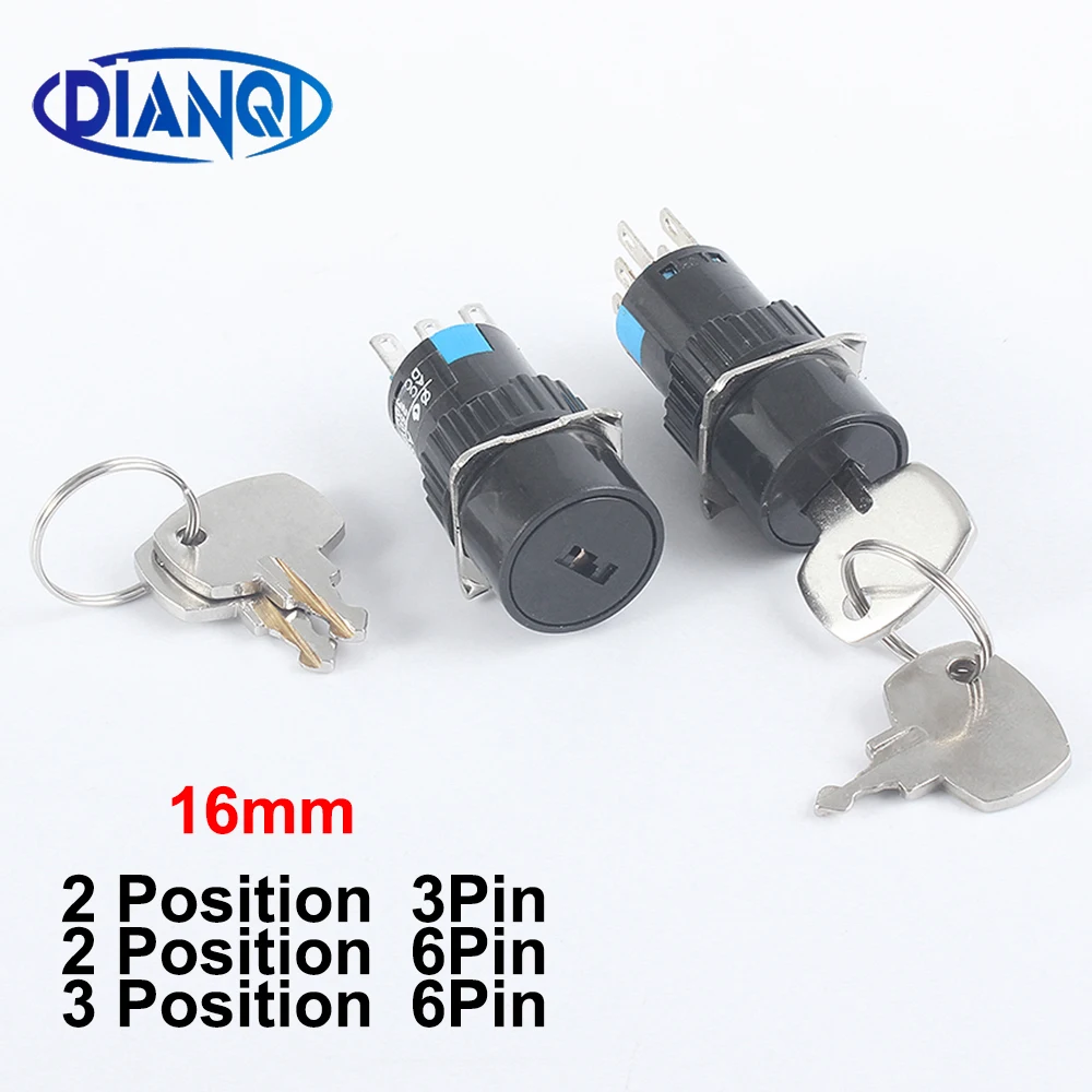 1PC Rotary switch Selector 3/6pins Small-sized Lock Button Latching 2/3 position Key Knob 1NC1NO/2NO2NC Choice Switch 16MM