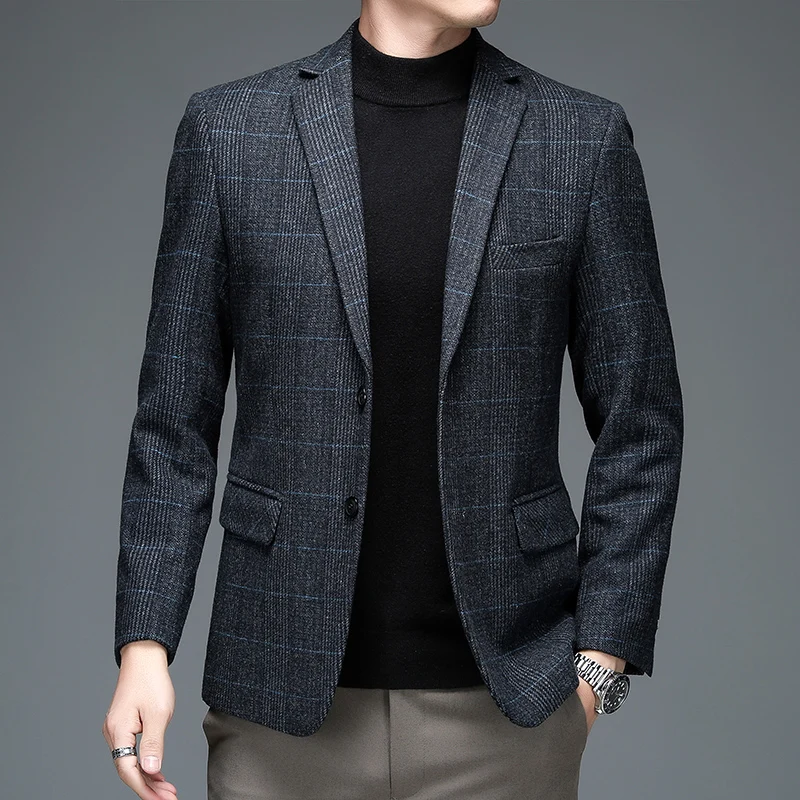 Autumn Winter Men Plaid Wool Blazer Smart Casual Gray Camel Navy Blue Checked Pattern Woolen Blend Jacket Suit Elegant Outfits