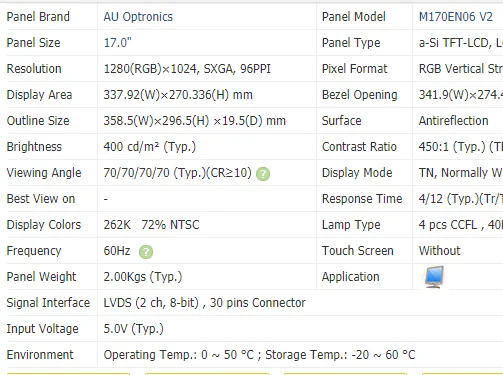 Display Panel  M170EN06.2  M170EN06 V2 M170EN06 V.2  M170EN06 V1   AUO LCD Screen 17 Inch