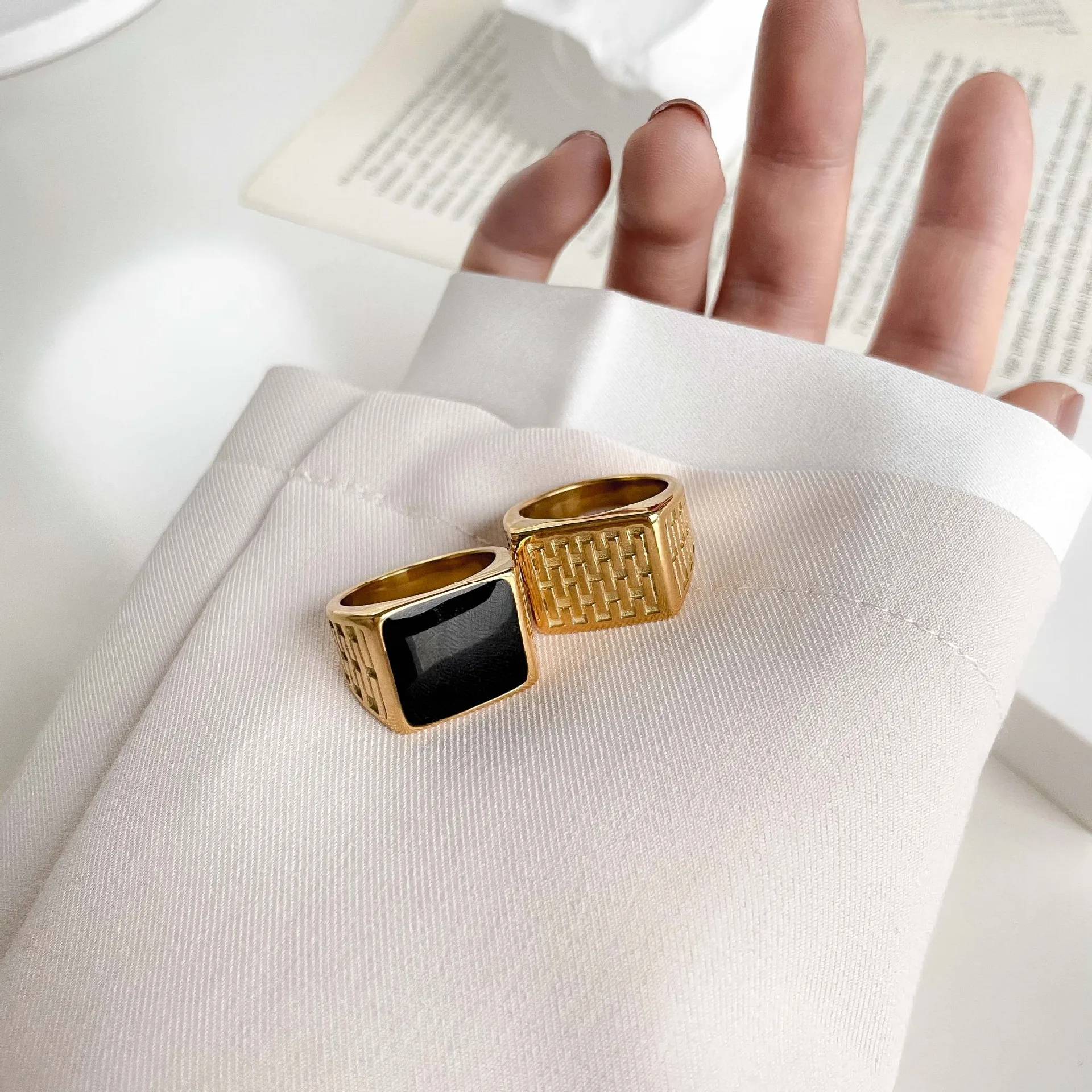 Punk Style Collection Gold Color Width Signet Black Square Finger Rings for Men Party Wedding Jewelry Whole Sale