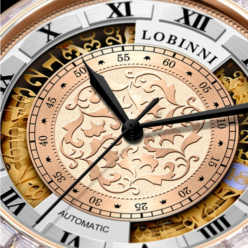LOBINNI Orologio meccanico da uomo di marca di lusso Calendario Orologio da polso maschile impermeabile Cinturino in pelle Orologio automatico in vetro zaffiro
