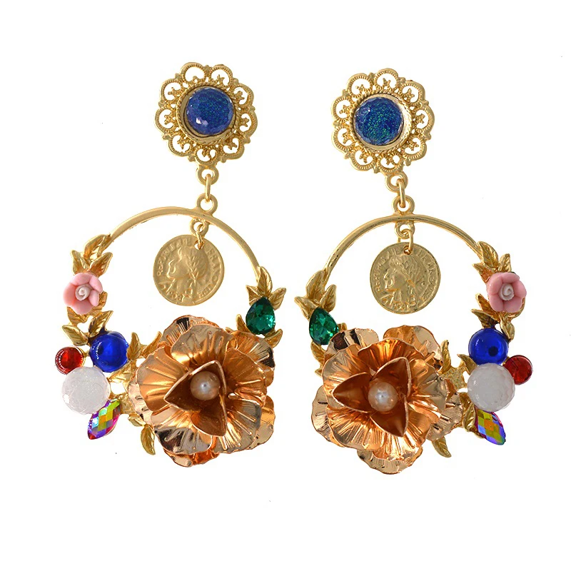 

Sweet Fashion Design Colorful Flowers Baroque Retro Big Crystals Earrings Jewelry Flower Round Circle Earrings For Women