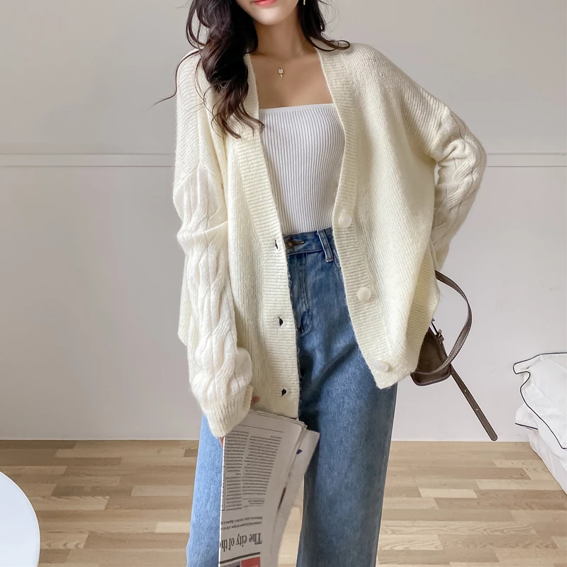 [ZAYAU]Wool Mohair Loose Knit Cardigan women's Blouse Spring and Autumn Gentle Small Fragrance Sweater Coat 2021 NEW