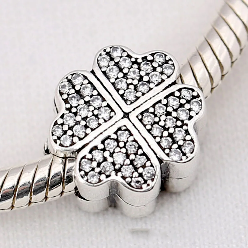 หญิงสร้อยข้อมือลูกปัดเงิน DIY เครื่องประดับ Lucky Clover กลีบ Clear CZ คลิป Charm Fit Lady กำไลข้อมือ