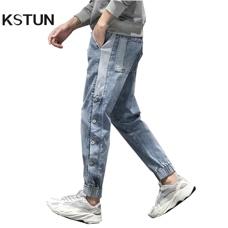 

Harem Jeans Men Oversized Joggers Pants Stretch Light Blue Side Rivets Loose Fit Tapered Jeans Men Streetwear Patchwork Trendy