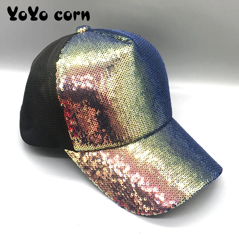 YOYOCORN  Striking Pretty Adjustable Women Panama Girls Hats For Party Club Gathering rainbow Sequins  Shining Mesh Baseball Cap