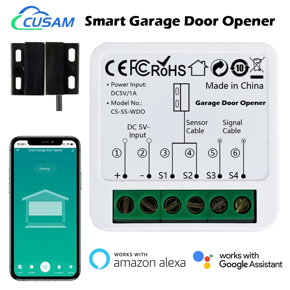 Cusam Wifi Smart Garage Deuropener Tuya App Afstandsbediening Module Switch Werkt Met Alexa Google Assistent Siri Shortcut