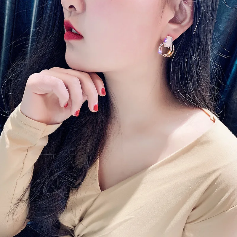 Silver Needle Stud Earrings for Women Jewelry Round Hoop Rhinestone Rose Gold Female Elegant Party Earrings