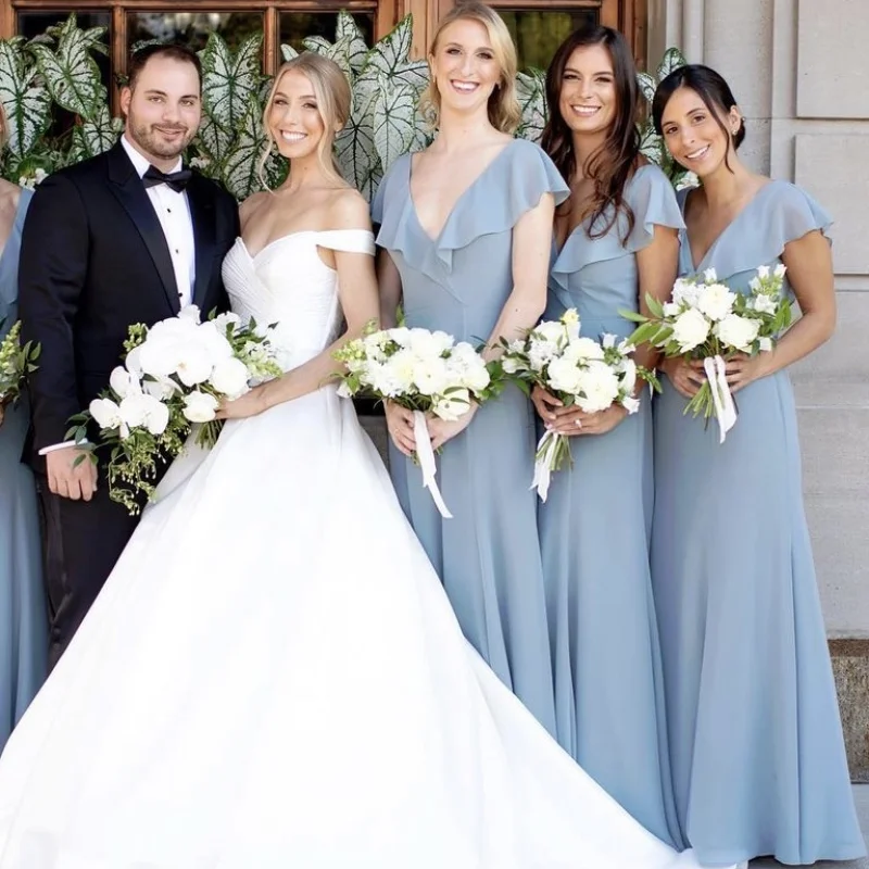 2021 Dusty Blue Bridesmaid Dress Deep V-Neck Ruffles Cap Sleeve A-Line Floor Length Simple Wedding Party Robe Gown Tailor-Made