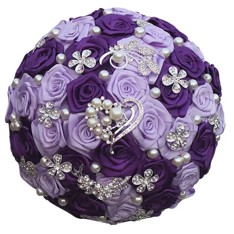 WifeLai-A Romantic Purple Heart Crystal Wedding Bouquet Durable Artificial Flowers Diamond Brooch Pearl Bridal Bouquets W125-ZI