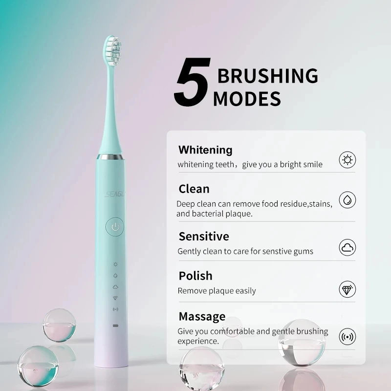 Seago Ultrasonic Electric Toothbrush 40000 Times/Min Vibration 5 Modes for Adult Tooth Brush 2 Mins Auto Smart Timer USB Charge