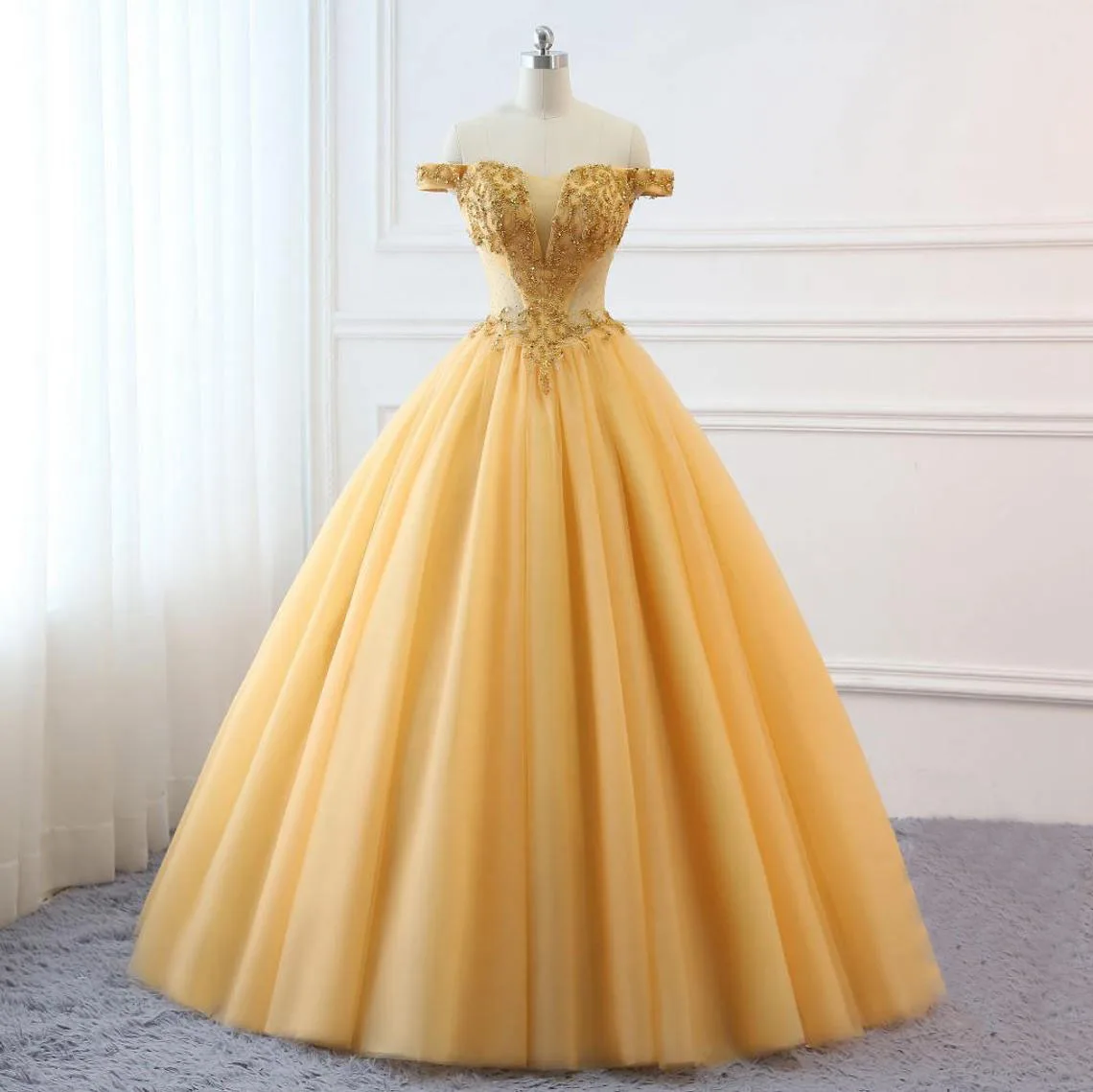 Gold Prom Ball Gown Beaded Off Shoulder Quinceanera Dress Tulle Masquerade Prom Dress Wedding Bride Gown  Custom Size Colors