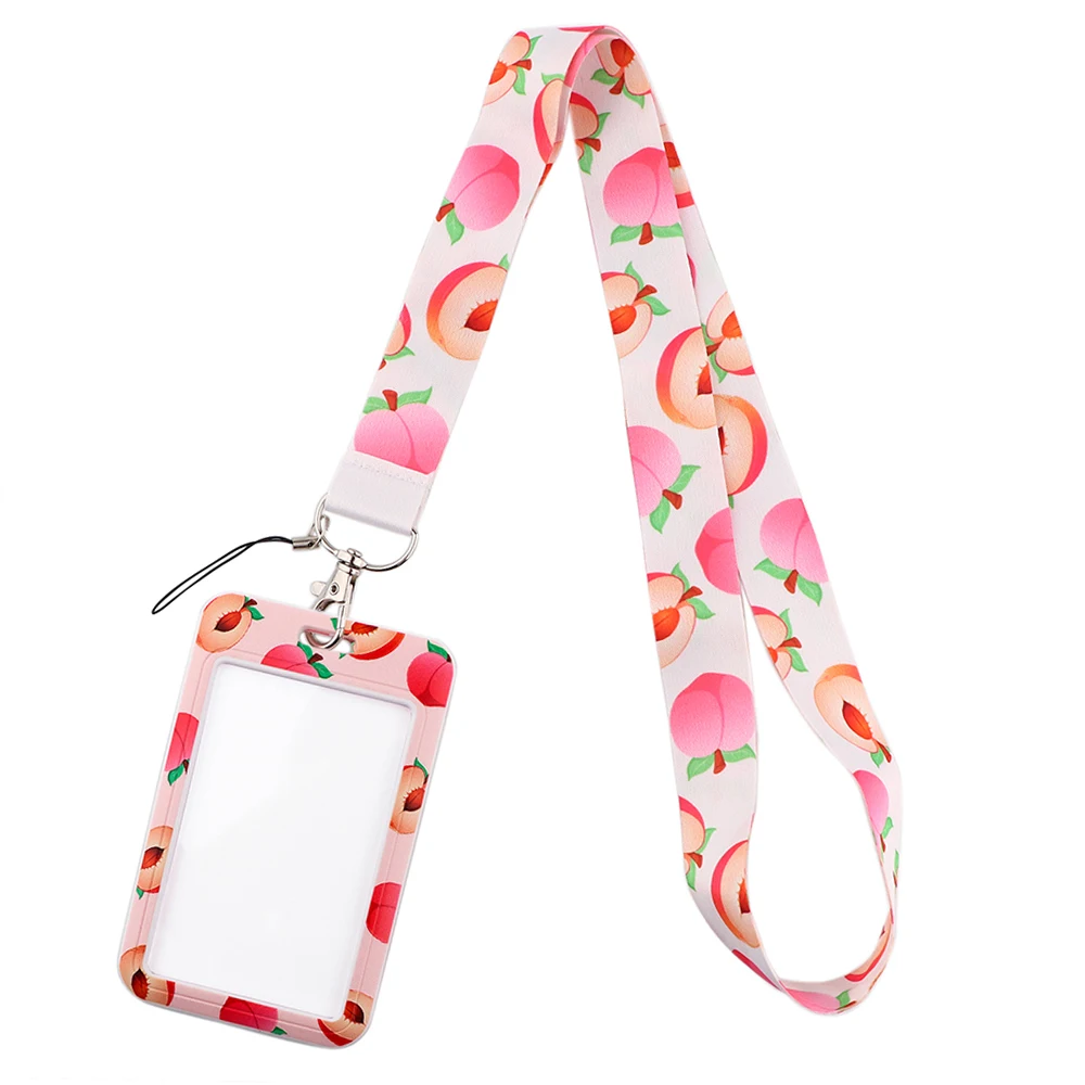 YL124 Peach Cute Lanyard Credit Card ID Badge Holder Key Ring Bag Student Woman Travel Bank Bus Business Card Cover Gifts