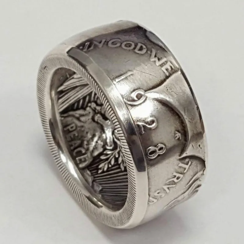 Locomotive Vintage Ring Antique Handmade Coin Silver Color Dollar Engraving Different Time Ring Classic Coin Jewelry