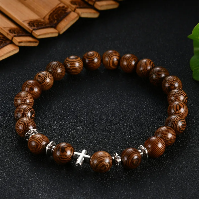 Fashion Natural 8 mm Cross Sandalwood Rosary Bracelets Men Crown Tortoise Bracelets & Bangles Women Wood Beads Jewelry Gift