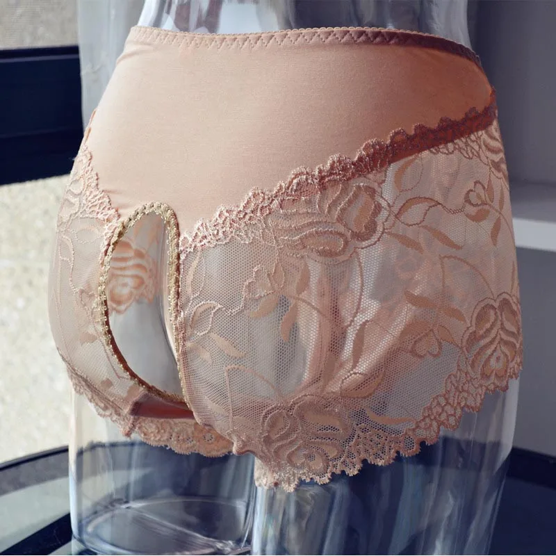 Sexy Sheer Lace Floral Open Crotch Crotchless Mens Brief Thong Underwear Sissy Transformation Lingerie for Him