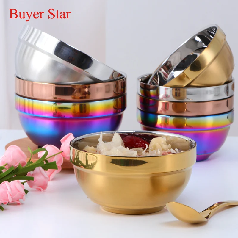 1/4PCS Stainless Steel Gold Round Bowl Rice Soup Double Hot Insulation Container Bowl Kitchen Tableware for Adult Children