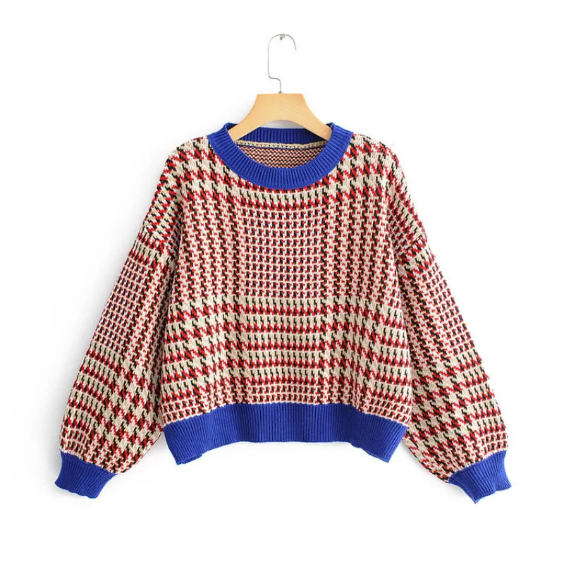 

Autumn Winter Korean Women Sweater Ladies Pullover Loose Plaid Long Sleeve Knitted Top Student Round Collar Fashion Tops H9464