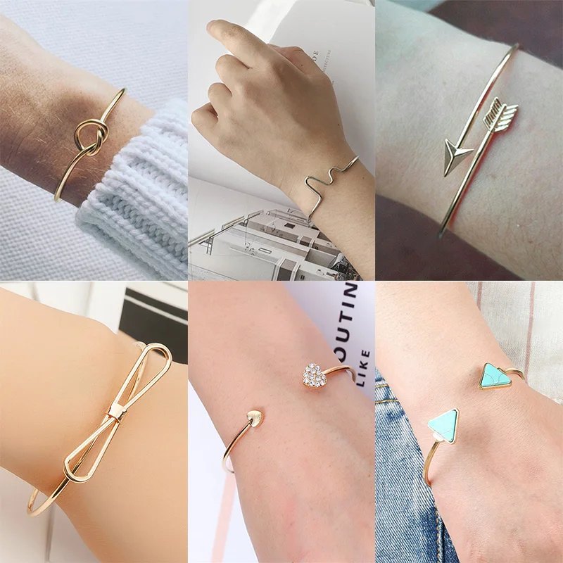 Metal Open Cuff Bangles for Women Arrow Triangle Gold Color Punk Bracelets Crystal Heart Bangles Trend pulseras mujer