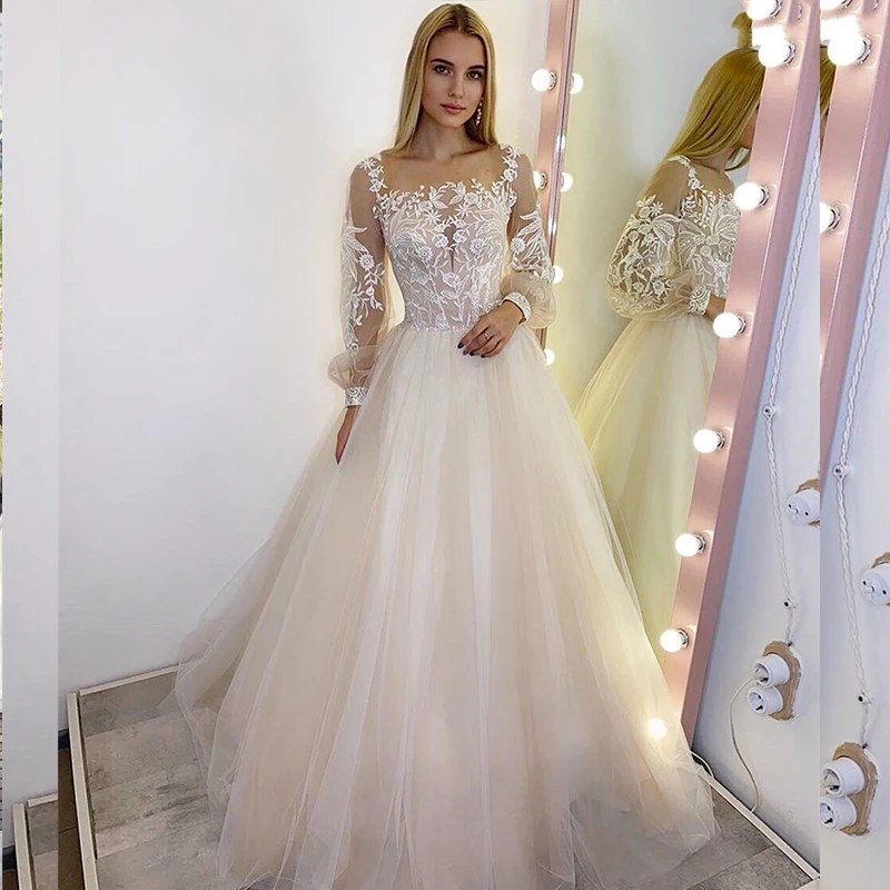 Renda apliques a linha organza tule vestido de casamento para as mulheres manga longa rendas até o chão comprimento elegante corset vestido de casamento