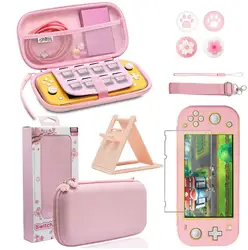 Pink Travel Carrying Case Accessories Kit for Nintendo Switch Lite, Console Stand Nanometer soft film Sakura Thumb Grip Caps