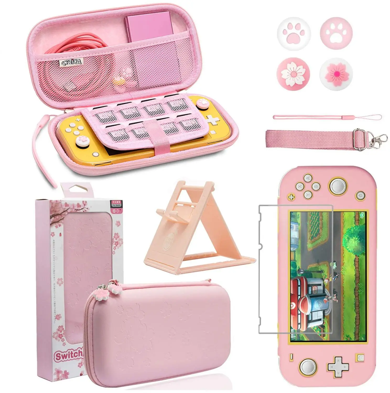 Różowy zestaw akcesoriów do przenoszenia podróżnego dla Nintendo Switch Lite, stojak na konsolę Nanometrowa miękka folia Sakura Nakładki na kciuki