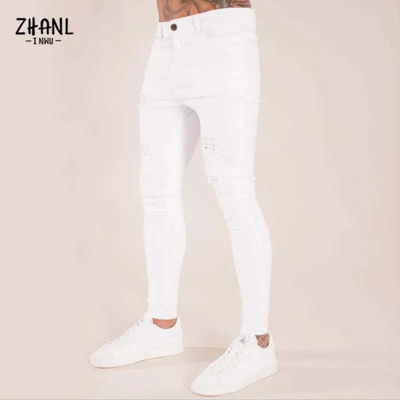 Cyber Y2k Elastic Waist Skinny Pants Men White Jeans Man Stretch Ripped Jeans Streetwear Mens Denim Trousers Jeans Male Clothing