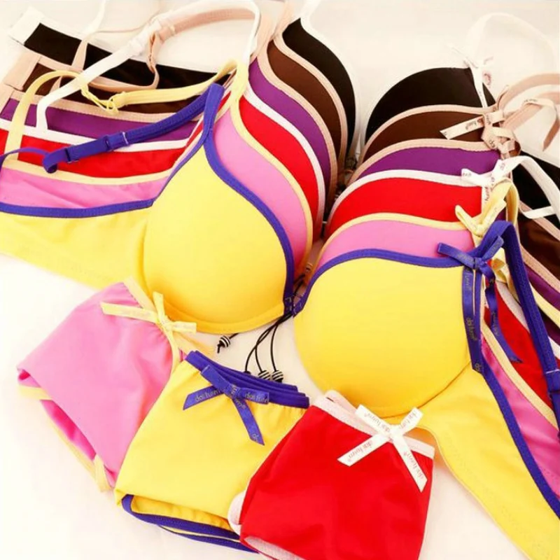 Japanese Candy Solid Color Cotton Lolita Bra Set Underwear Covered Edge Smooth Bras Breathable Underwire Lingerie Cute Girls