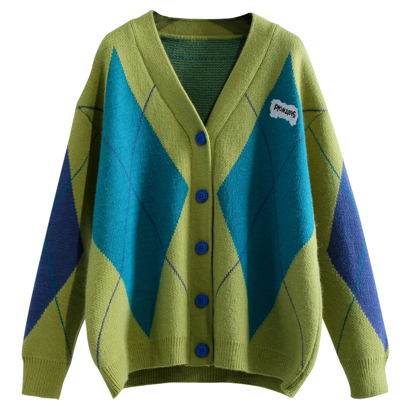 Vintage Patchwork  Plaid Check Sweater Warm Cardigan Women 2021 Winter Korean Casual Loose Outside Knitted Jumpers Outerwear