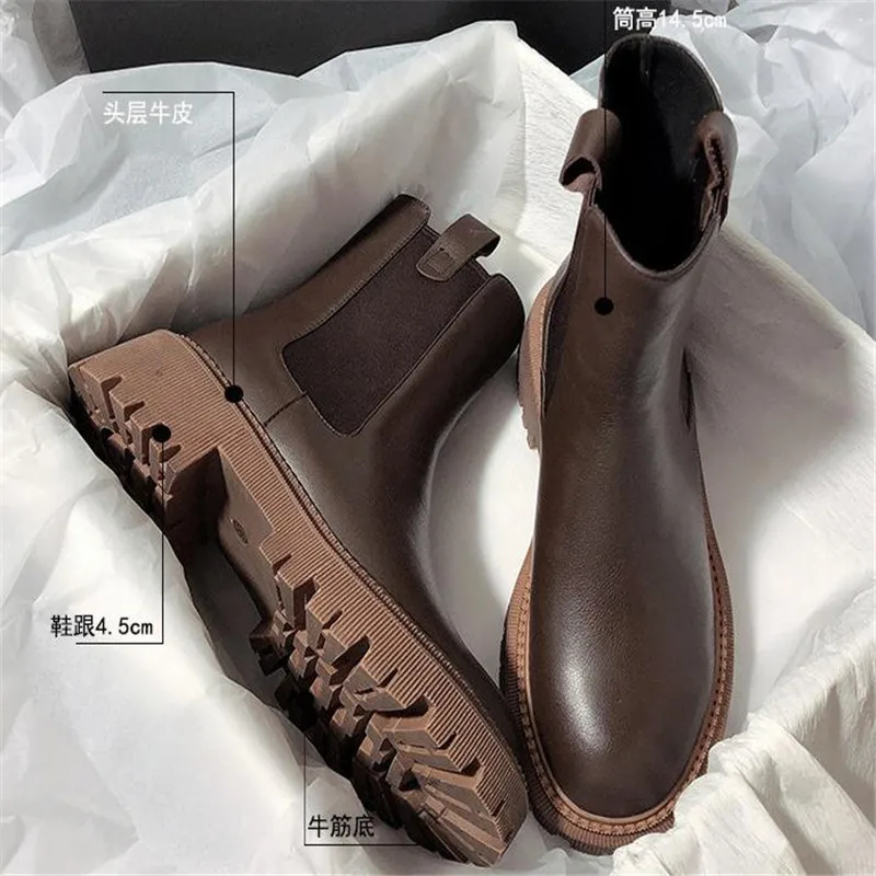 Chelsea Boots Chunky Boots Women Winter Shoes PU Leather Plush Ankle Boots Black Female Autumn Fashion Platform Booties