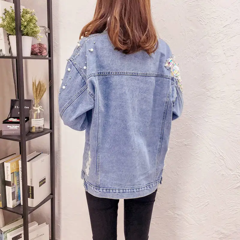 Women Clothing Denim Coat Sequins Beads Hole Jeans Outwear Streetwear Jacket 2025 Spring Autumn Vintage Ladies Casual Denim Tops