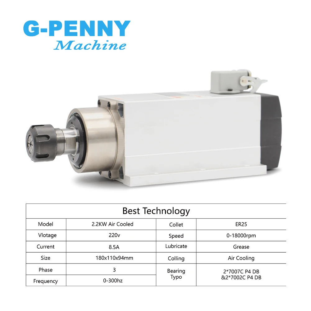 2.2kw ER25 air cooling spindle kit 4pcs ceramic ball bearings 0.01mm accuracy 1-16mm collets & 2.2kw 220v inverter