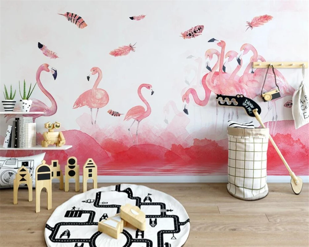 Custom wallpaper simple watercolor hand painted flamingo feather wallpaper cartoon children room background wall 3d wallpaper