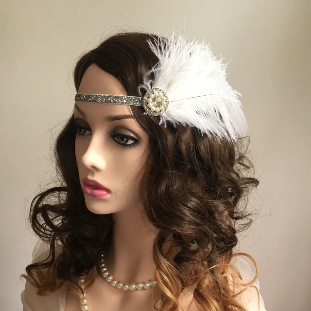 Feather Headband Wedding Accessories Vintage Bridal Headband Rhinestone Pearls Forehead Bridesmaid Gatsby Party Charleston Party