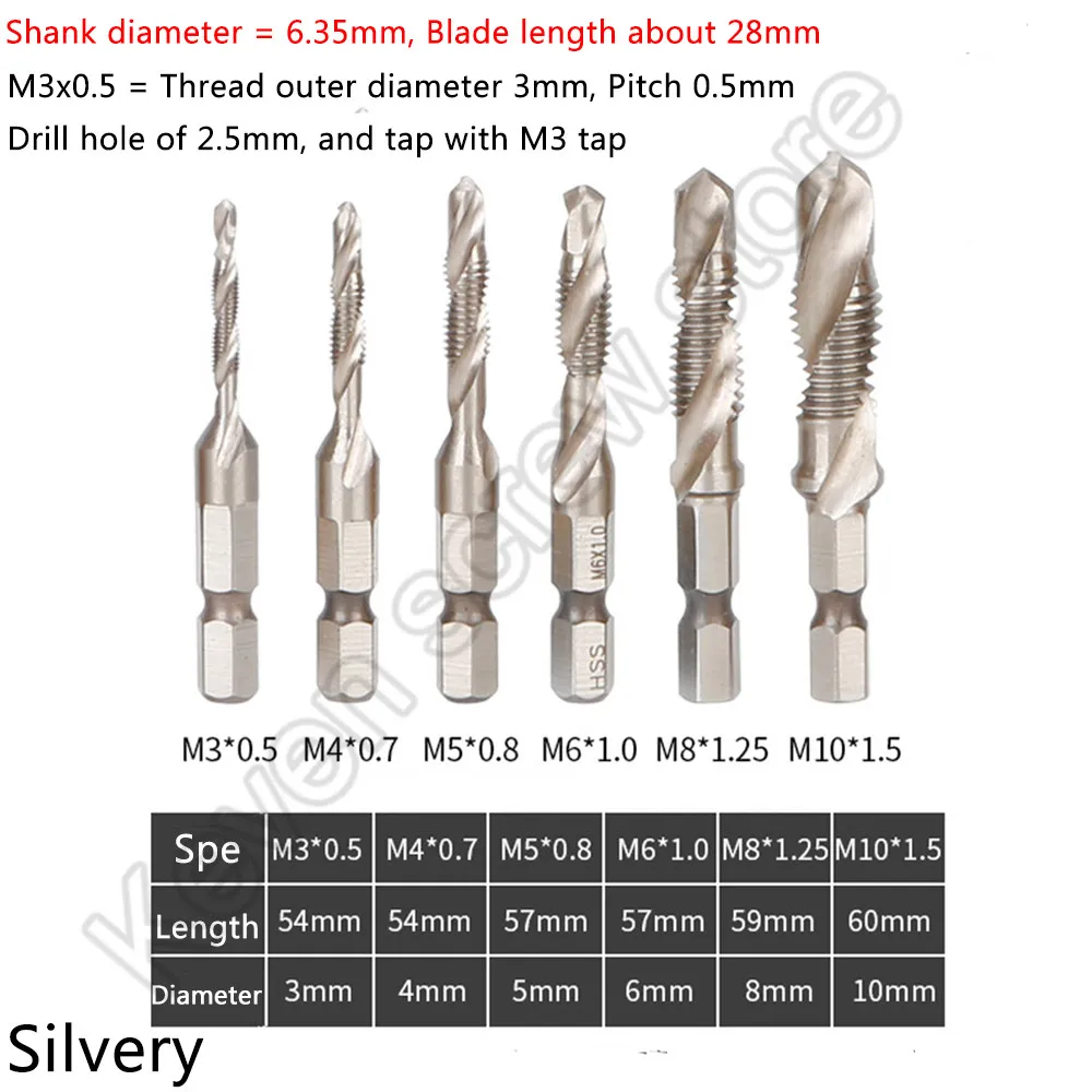 1PCS M3 M4 M5 M6 M8 M10 Screw Tap Drill Bits HSS Taps Countersink Set Metric Bit High Speed Steel 1/4 In Quick Change Hex