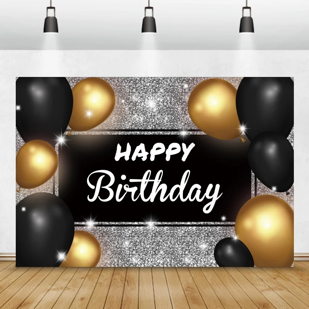 Laeacco 골드 풍선 생일 사진 배경 골드 도트 축하 파티 초상화 사용자 정의 검은 배경 사진 스튜디오