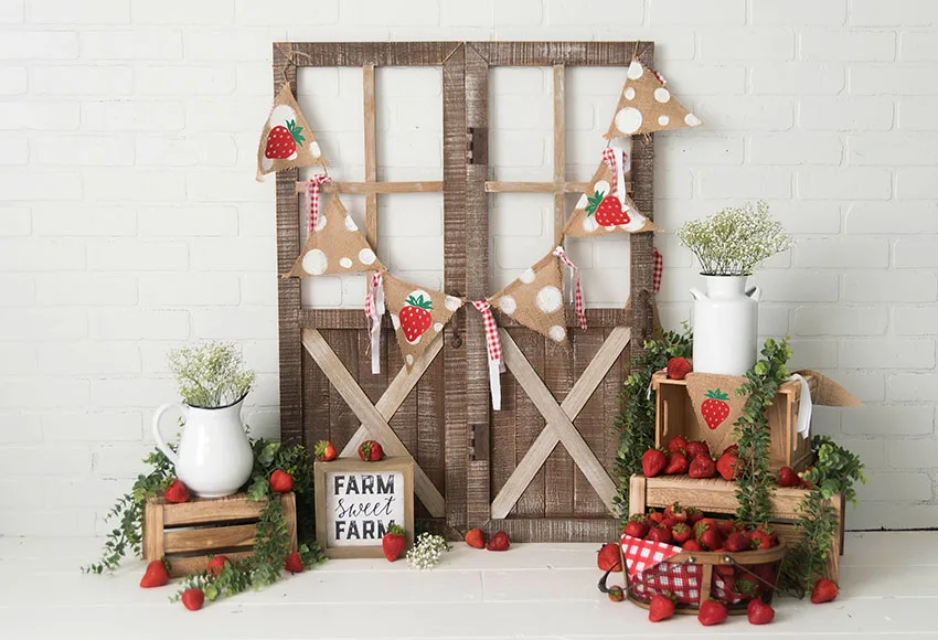 Mehofond Farm Sweet Strawberry Photography Background Vintage Wooden Door Brick Wall Baby Shower Backdrop Photocall Photo Studio