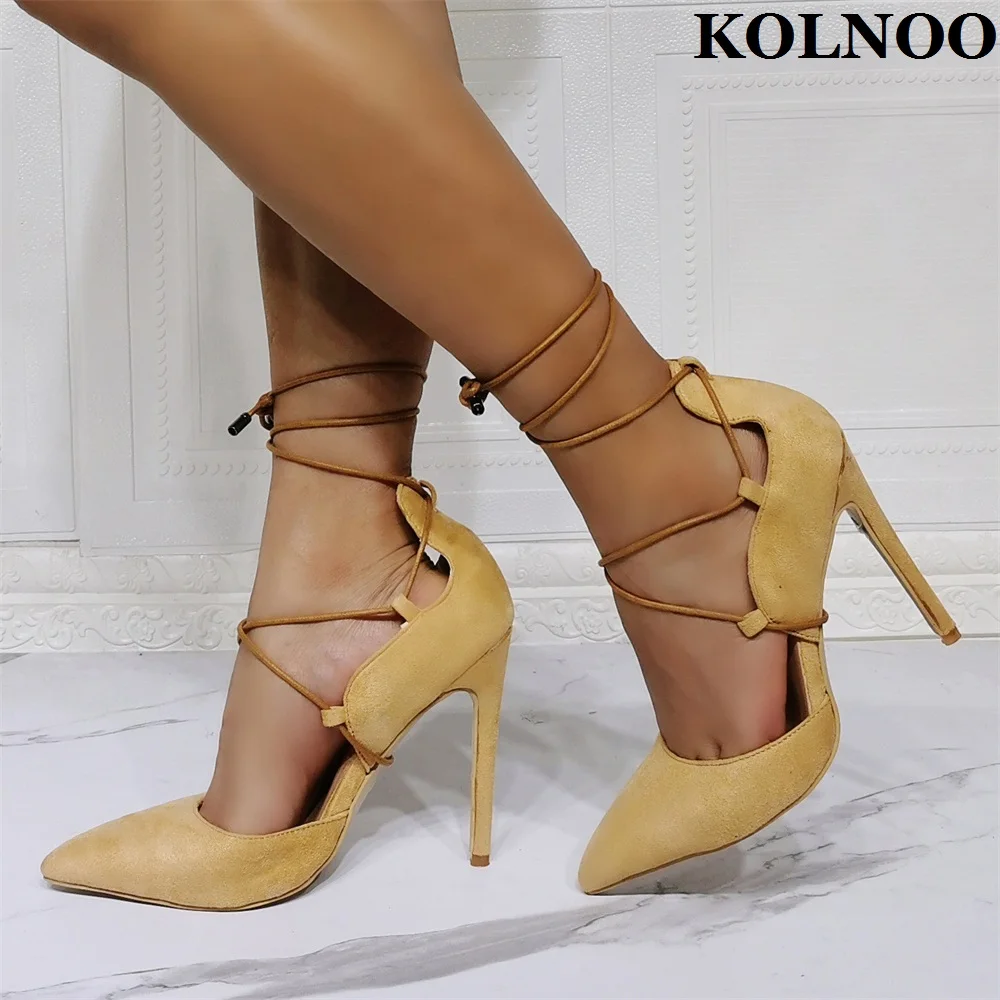 

Kolnoo New Style Ladies Handmade High Heels Pumps Cross Shoelace Real Photos Party Dress Shoes Evening Club Fashion Court Shoes