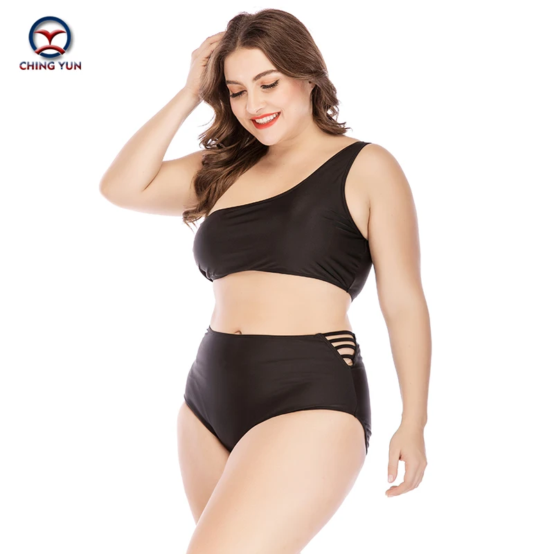 New bikini 2020 fashion plus-size swimsuit Solid color one-shoulder hollowing bikini plus fat plus size sexy swimwear women