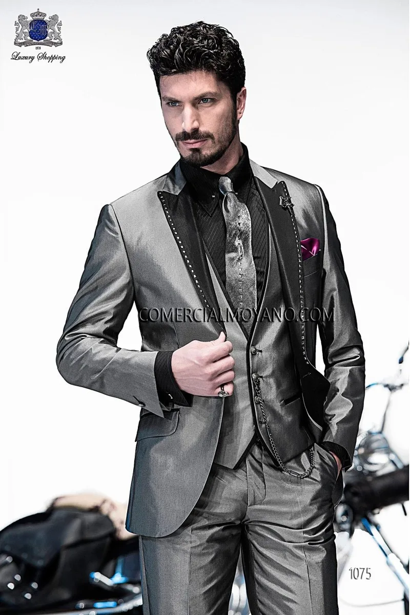 

JELTONEWIN 2021 Shiny Grey Mens Wedding Suit Prom Groom Tuxedos (Jacket+Pants+Vest) Custom Made Party Suit For Men Groomsmen