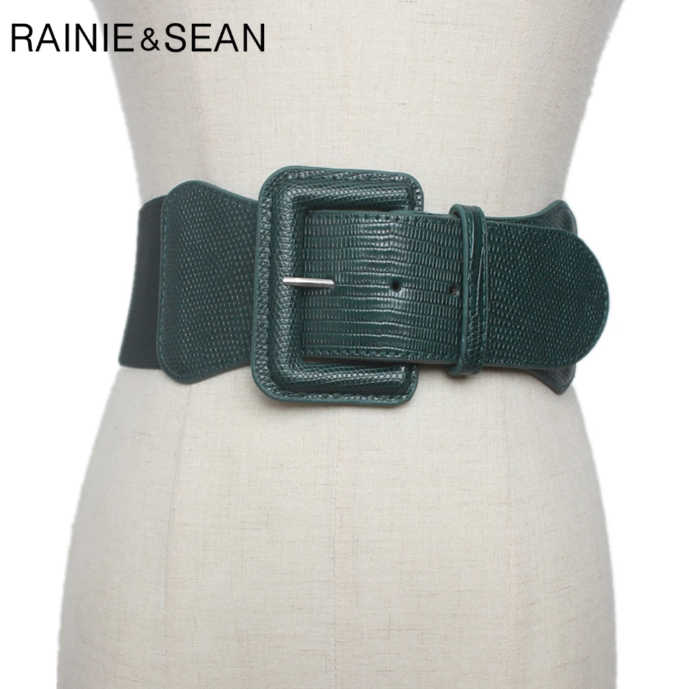 RAINIE SEAN Elastic Belts for Women PU Leather Wide Cummerbunds Designer Belt Corset Solid Army Green Female Wide Waistbands