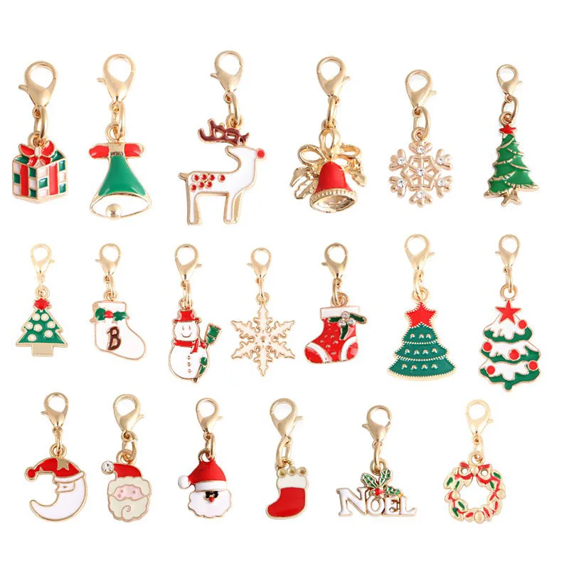 10pcs Colorful Enamel Christmas Keychains Lobster Buckle Clasp Charms Sock Snowflake Santa Claus Pendants DIY Jewelry Fingings