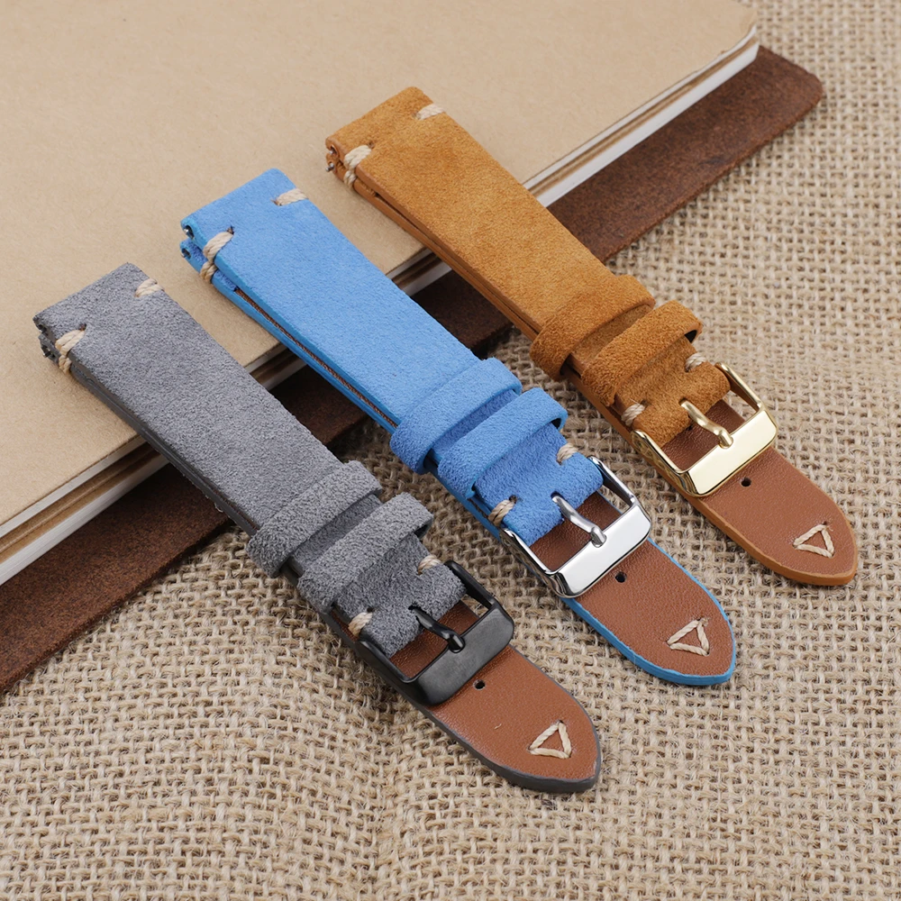 Vintage Suede Leather Watchband Brown Beige 20mm 22mm Watch Strap Retro Soft Wristband Belt For Winter