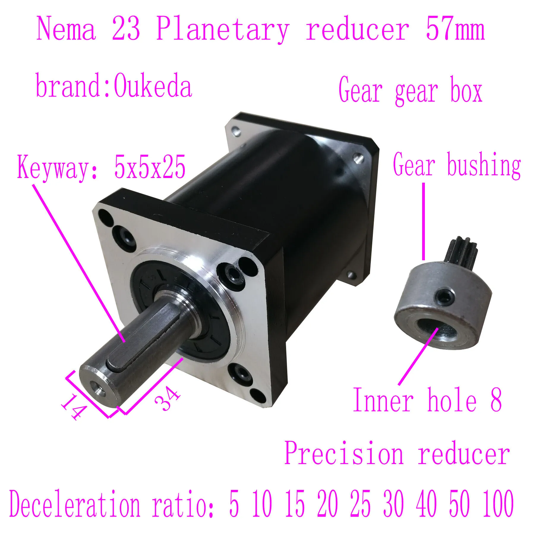 

Nema 23 Planetary Gearbox Motor Speed Reducer Ratio 5:1/10:1/20:1/30:1/40:1/50:1 8mm Input for Nema23 Stepper Motor